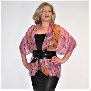 Pink kimono cardigan, sheer chiffon top, floral beach cover up