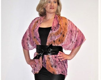 Pink kimono cardigan, sheer chiffon top, floral beach cover up