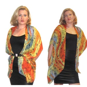Orange kimono cardigan, sheer chiffon top, floral cover up jacket, festival kimono
