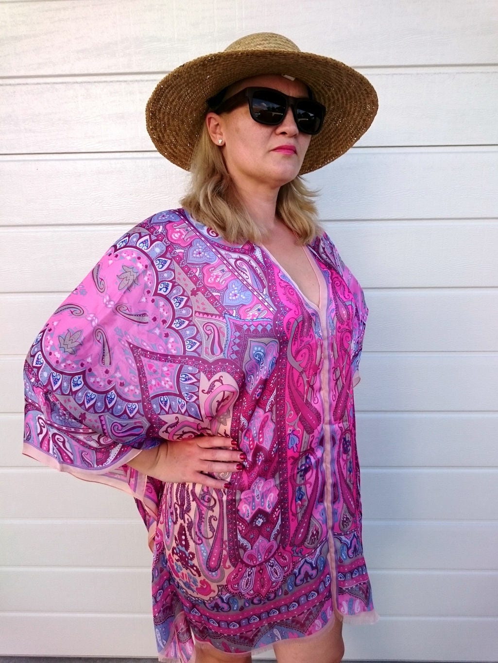 Women's Plus Size Silk Feeling Kaftan Beach Cover Up - V-Neck, Side Split, White (Size 12-20)
