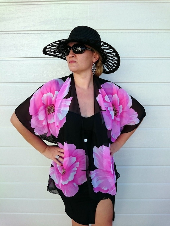 Plus Size Cardigan Kimono Jacket, Beach Cover Up, Sheer Chiffon