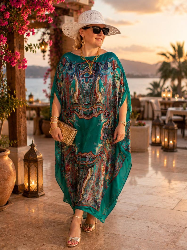 Plus size aquamarine silk kaftan with paisley print styled in a luxury resort, elegant wedding guest dress and beach cover up for tropical holidays.