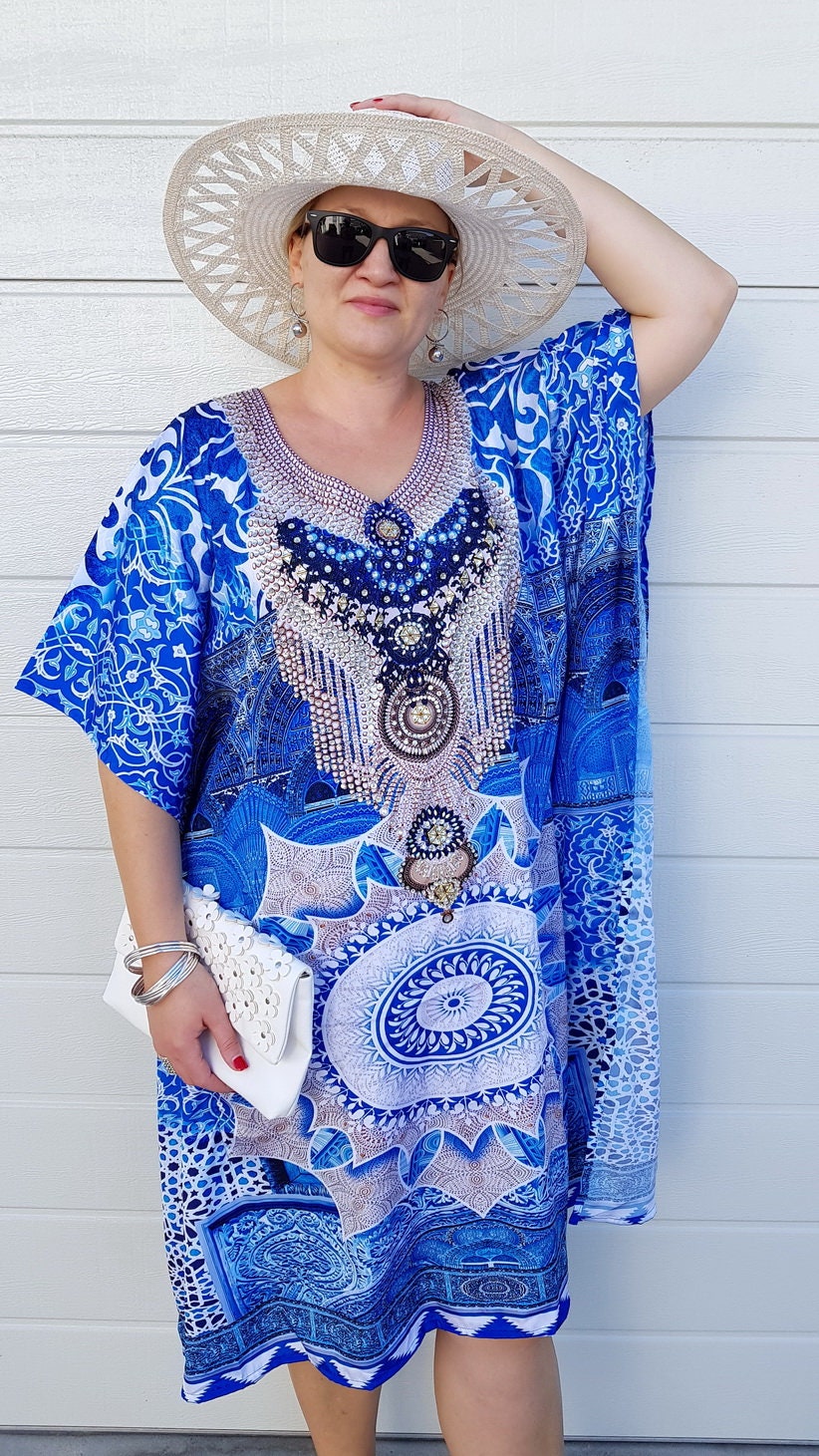 Resort Wear Dress Blue Embellished Kaftan Vacation Dress | Etsy