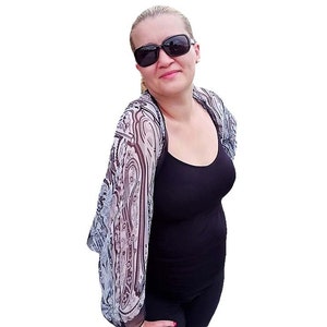 Bolero Shrug Jacket Long Sleeve Open-front Collarless Chiffon Black Bolero, Vintage Paisley Print, Black & White