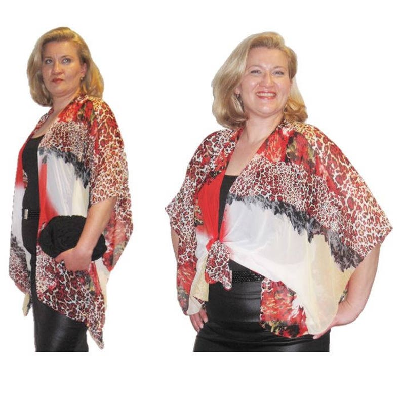 Red kimono cardigan, animal print sheer chiffon cover up / summer kimono jacket 