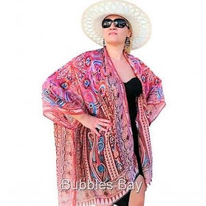 Silk Kimono Robe / Paisley Kimono Cardigan / Black Kimono Cover Up / Plus Size Kimono Top / Sheer Kimono Wrap / Bathing Suit Cover Up