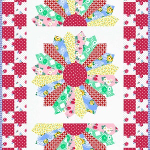 May include: A vibrant quilt featuring a fan design in red, pink, green, yellow, and blue. The quilt is bordered with a red and white chequered pattern and floral details, giving it a vintage feel.