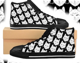 Custom Cat Hi Top Sneakers / Gothic Black and White / Witchy Clothing / Wiccan Clothing / Canvas Print Shoes