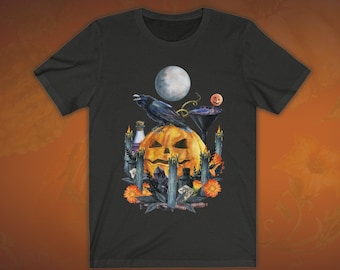 Halloween Witchy Ritual Unisex T-Shirt w/ color options! / Moon Raven Pumpkin Candle / Jack O Lantern / All Hallows Eve / Pagan Season