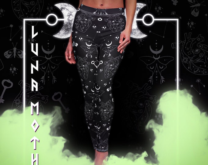Witchy Luna Moth & Moon Leggings / Spiritual Black White Comfortable Yoga Pants / Ultra Soft