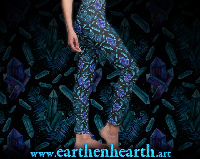 Witchy Flourite Crystal Fern Yoga Pants / Forest Wicca Witchcraft Gothic Nature Womens Black Tights / Druid Pagan Dark Teal Botanical