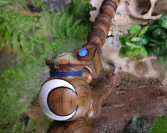 Handmade Wooden Functional Tobacco Pipe for Smoking w/ Inlaid Moonstone Celestial Crescent Moon Wicca Crystal Star Beads Hecate Ceremonial