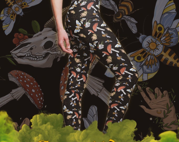 Green Witch Mushroom Leggings / Yoga Pants / Casual Stretchy Tights