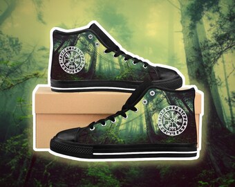 Vegvisir Men's High-top Sneakers Dark Forest / Viking Compass / Green and Black / Asatru Pagan Heathen