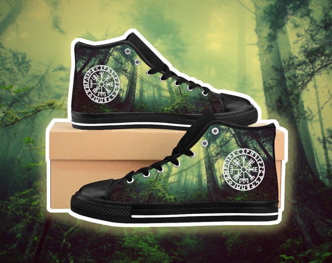 Vegvisir Men's High-top Sneakers Dark Forest / Viking Compass / Green and Black / Asatru Pagan Heathen