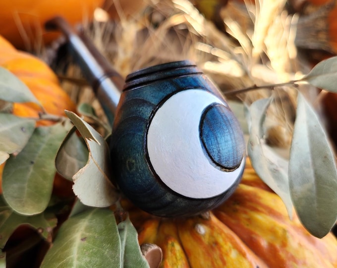Witchy Moon / Blue Tobacco Pipe for Smoking Sherlock  / Handmade Churchwarden / Fantasy Wood Wooden Functional Costume / Wicca Ceremonial