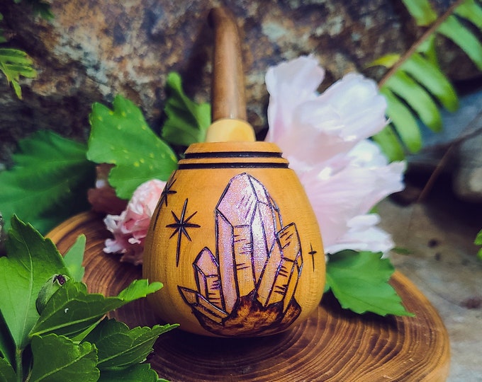 Iridescent Pink Handmade Wooden Crystal Pipe for Smoking / Sherlock Pipe / Witchy Spirituality Tobacco Pipe