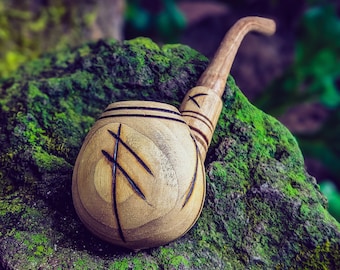 Odin the Wanderer Ansuz Rune Wood Pipe / Wooden Viking Thor Frigga Freya Norse Runes / Fantasy Sherlock / Witchy Pagan / Handmade Unique
