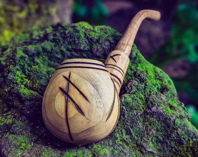 Odin the Wanderer Ansuz Rune Wood Pipe / Wooden Viking Thor Frigga Freya Norse Runes / Fantasy Sherlock / Witchy Pagan / Handmade Unique