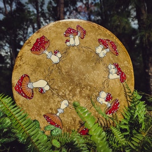 Mushroom Shamanic Round Hand Drum / Large 16 inch Handmade Goat Hide / Amanita Fairy Ring / Hand Painted Spiritual Medicine Drum