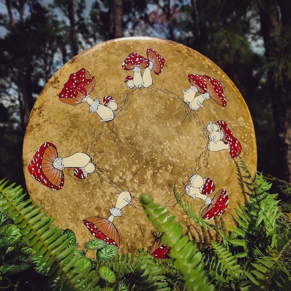 Mushroom Shamanic Round Hand Drum / Large 16 inch Handmade Goat Hide / Amanita Fairy Ring / Hand Painted Spiritual Medicine Drum