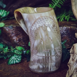 Valknut Viking Drinking Horn / Cup / Tankard / Stein / Fully Functional for Viking or Pirate Costume / 24-30 oz Natural