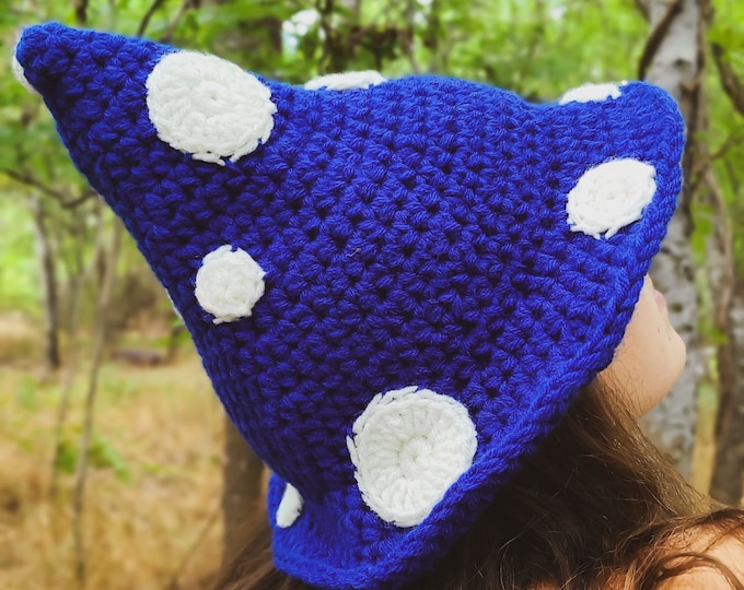 Witchy Blue Amanita Hand Crochet Pointy Hat / Mushroom / Muscaria / Witchy Style Vibes