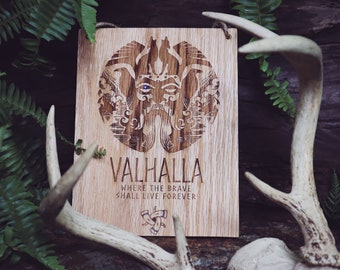 Valhalla houten eiken teken / Viking Decor voor heilige ruimte / Bureau Kunst / Kunst aan de muur / Noorse Odin Asatru Altaarstuk