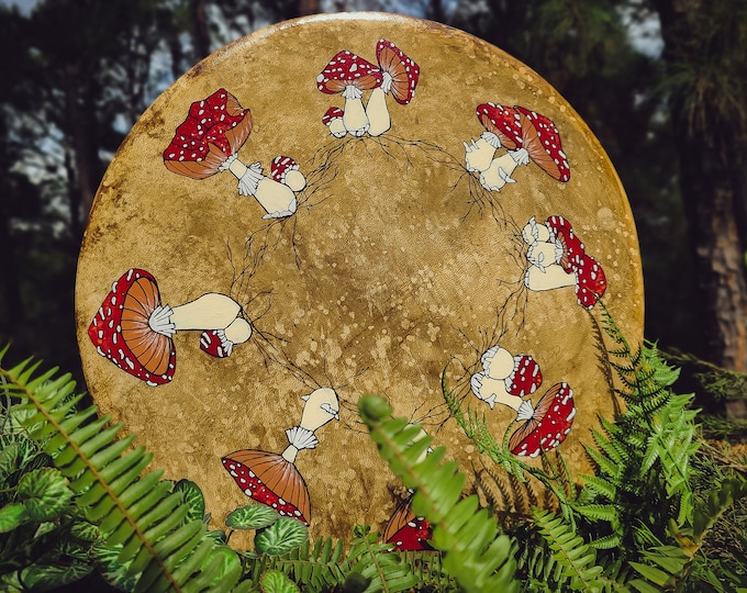 Mushroom Shamanic Round Hand Drum / Large 16 inch Handmade Goat Hide / Amanita Fairy Ring / Hand Painted Spiritual Medicine Drum