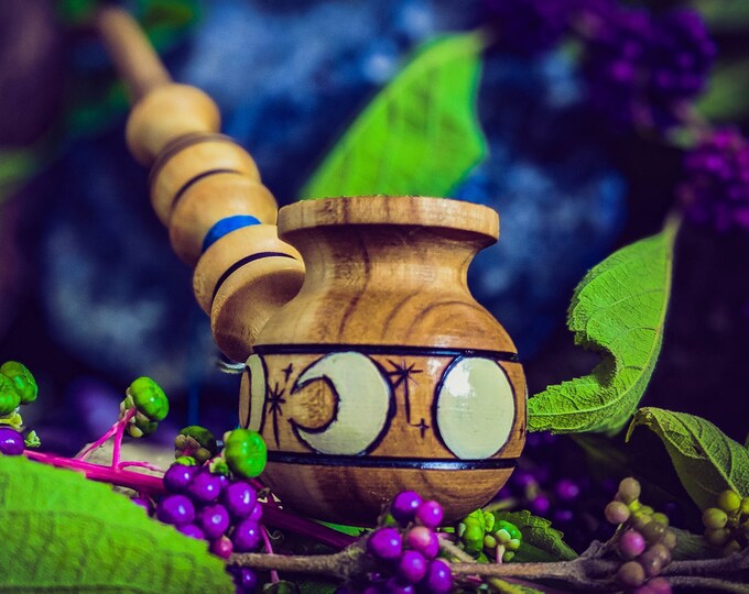 Witchy Moon Phase / Painted Goddess Tobacco Pipe for Smoking / Wicca Pagan Mother Maiden Crone / Triple Moon Wooden Pipe