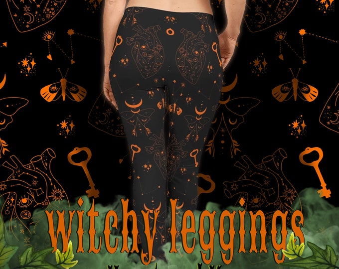 Witchy Halloween Vibes Leggings / Black and Orange Witchy Style / Dark Gothic Key Heart Moth Constellation Leggings