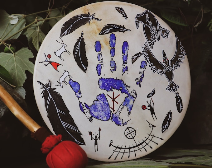 Shamanic Drum Handmade Viking Staves Norse Pictograph  / Goat Hide / Icelandic Runes Raven / Wood Frame 14 Inch