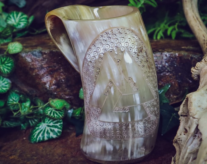 Valknut Viking Drinking Horn / Cup / Tankard / Stein / Fully Functional for Viking or Pirate Costume / 24-30 oz Natural