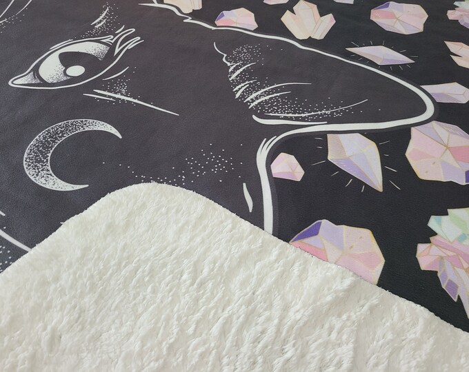 Witchy Cat Blanket / Crystal Blanket / Wicca Blanket / Black Cat / Wicca Gift / Soft Fluffy Throw / Wiccan Decor