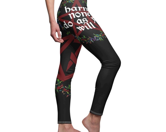 Women's Wiccan Rede Black Yoga Pants / Harm None Do As Ye Will / Witchy Pagan Alternative Gothic Botanical / Gift for Women / Yule Samhain