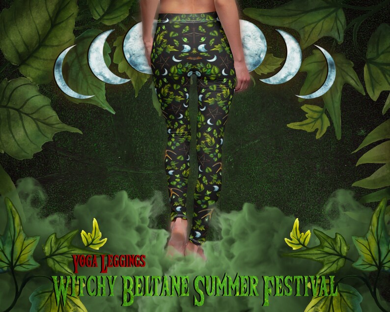 May include: Green yoga leggings with a black background and a pattern of moons, leaves, and other witchy symbols. The leggings have the text "Witchy Beltane Summer Festival" printed on the bottom.
