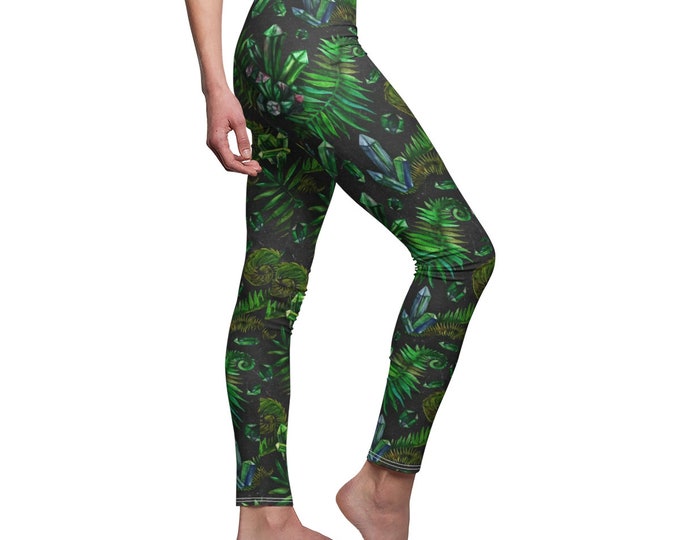 Witchy Emerald Crystal Fern Yoga Pants / Forest Wicca Witchcraft Gothic Nature Womens Black Tights