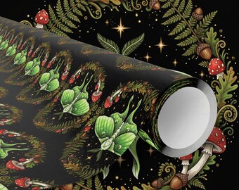 Green Luna Motten und Fliegenpilze Geschenkpapier | Woodland Botanische Geschenkverpackung Cottage Witch Alternative Yule