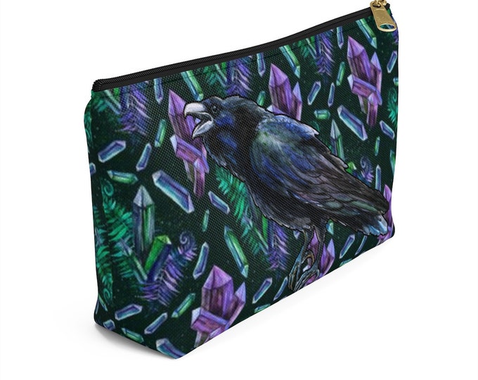 Purple Crystal Potion and Raven Makeup Bag / Witchy Pagan Druid Wicca Gothic Small Purse / Accessory Pencil Bag / Fantasy Watercolor Pouch