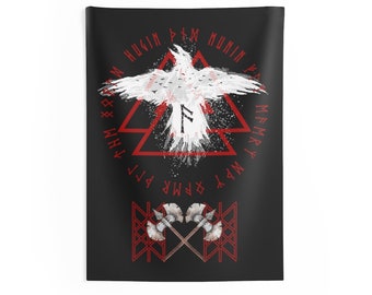Viking Raven Wyrd / Tapestry & Flag / Odin Hugin Munin Valknut Runes