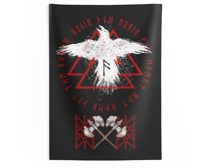 Viking Raven Wyrd / Tapestry & Flag / Odin Hugin Munin Valknut Runes