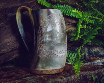 Valknut Viking Drinking Horn / Cup / Tankard / Stein / Fully Functional for Viking or Pirate Costume / 16-24 oz Natural