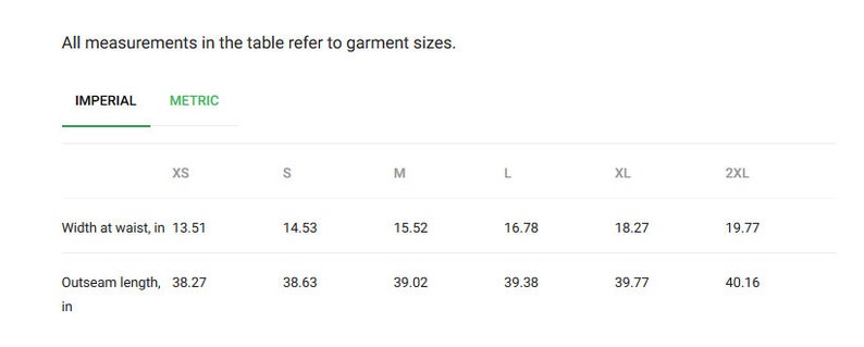 May include: Size chart showing waist width and outseam length measurements in inches for sizes XS to 2XL.