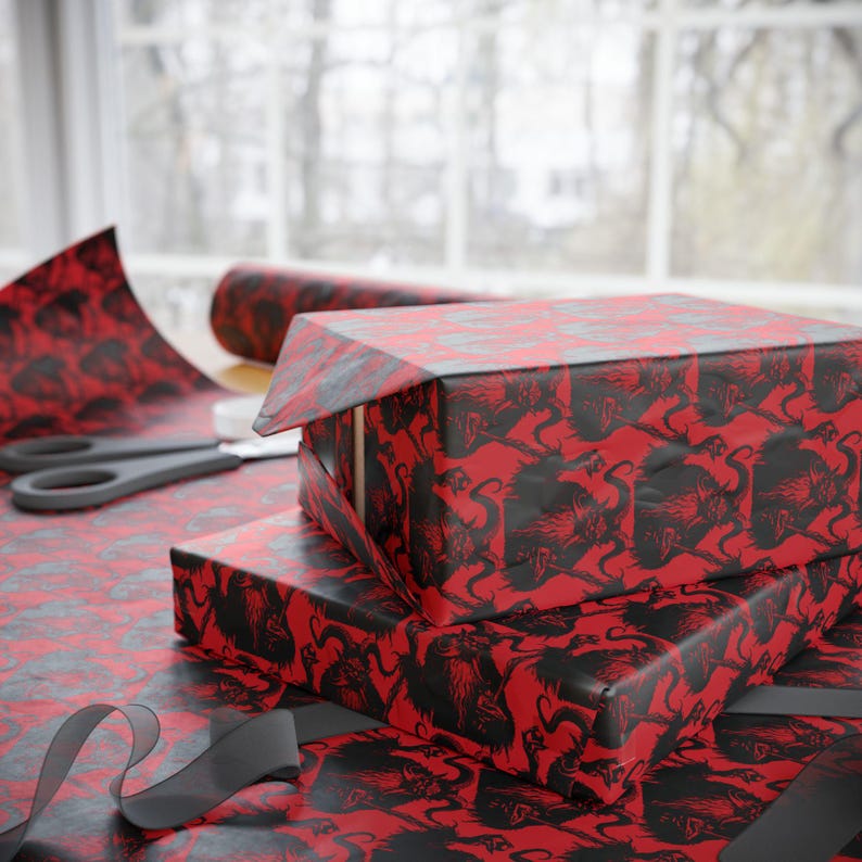 Krampus Xmas themed gift wrap - cool  / Creepy / eye catching, one of a kind wrapping paper, unique gift decor Folklore / Fantasy Christmas