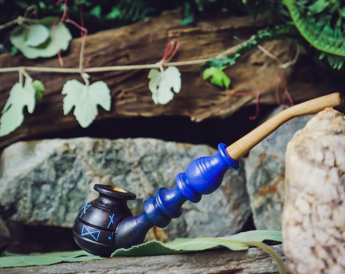 Viking Tobacco Pipe / Churchwarden Pipe / Smoking Pipe / Wooden Pipe / Viking Runes / Hand Painted Blue and Black