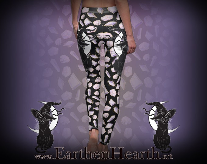 Witchy Cat & Crystal Yoga Pants / Wiccan Pagan Witchcraft Leggings / Witchy Clothing / Pagan Clothing