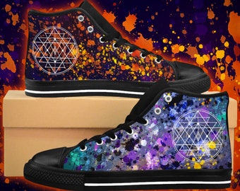 Sacred Geometry Shoes / High Top Sneakers / Asymmetrical Paint Splatter Sacral Geometric
