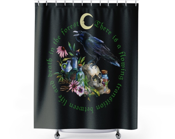 Dark Witchy Forest Alchemy Shower Curtain Home Decor / Witchy Pagan Wiccan / Shaman Druid Moon with Quote / Dark Gothic Life and Death