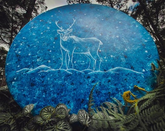 Viking Rune Painted Shaman Hand Drum / Large 18 Inch Stag / Blue and White Frame Drum / Goat Hide / Norse