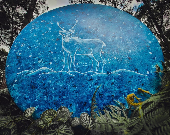 Viking Rune Painted Shaman Hand Drum / Large 18 Inch Stag / Blue and White Frame Drum / Goat Hide / Norse